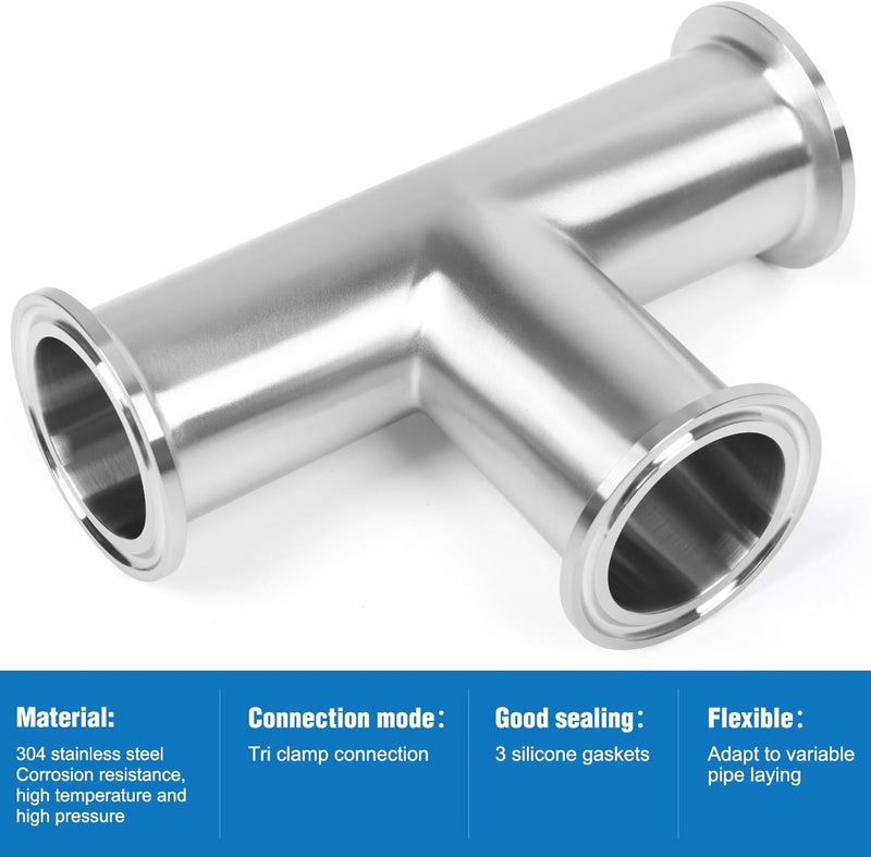 JMCOLMT 2" Tri Clamp Tee 3 Way Sanitary Fitting Equal Tee Tube 50.5mm Pipe OD Stainless Steel 304 Sanitary Polished - Image 4